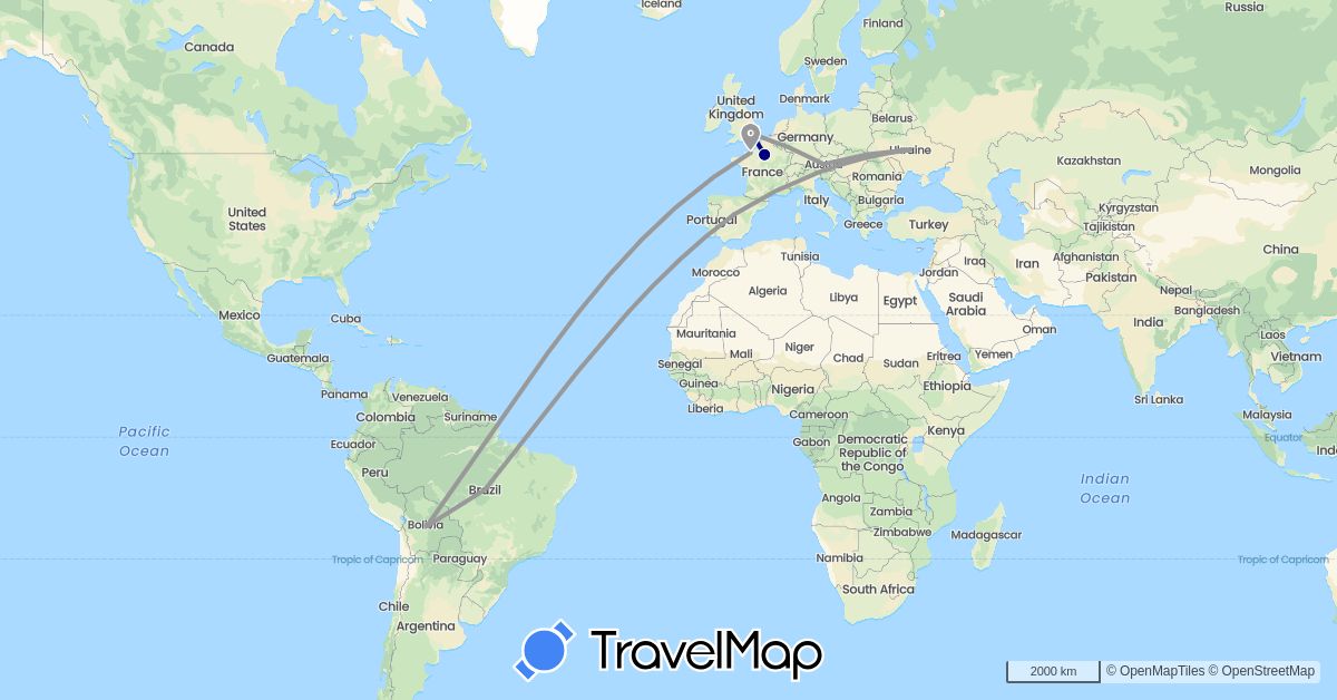 TravelMap itinerary: driving, plane in Austria, Brazil, Spain, France, United Kingdom, Ukraine (Europe, South America)